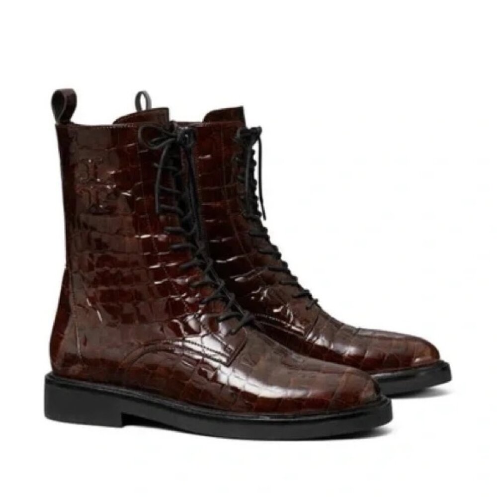 Tory Burch Crocodile effect leather combat boots Size 10
